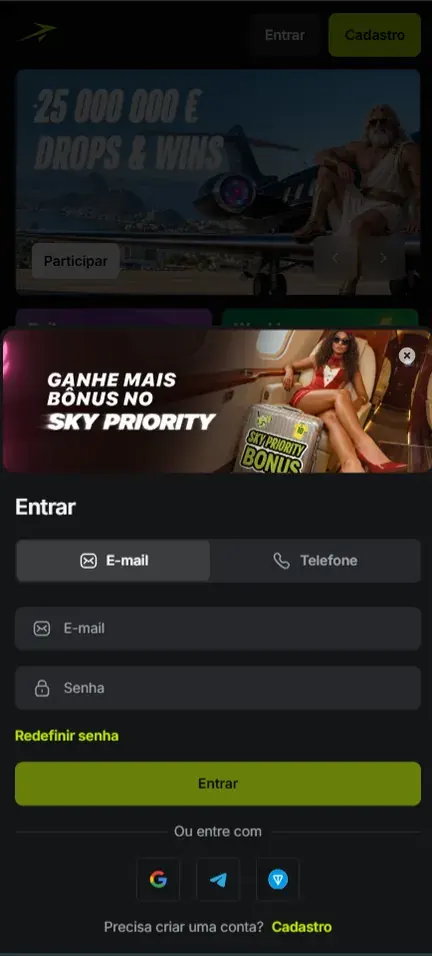 Tela Entrar da Jetton com abas E-mail e Telefone, campos de e-mail e senha e botões Google, Telegram e carteira TON
